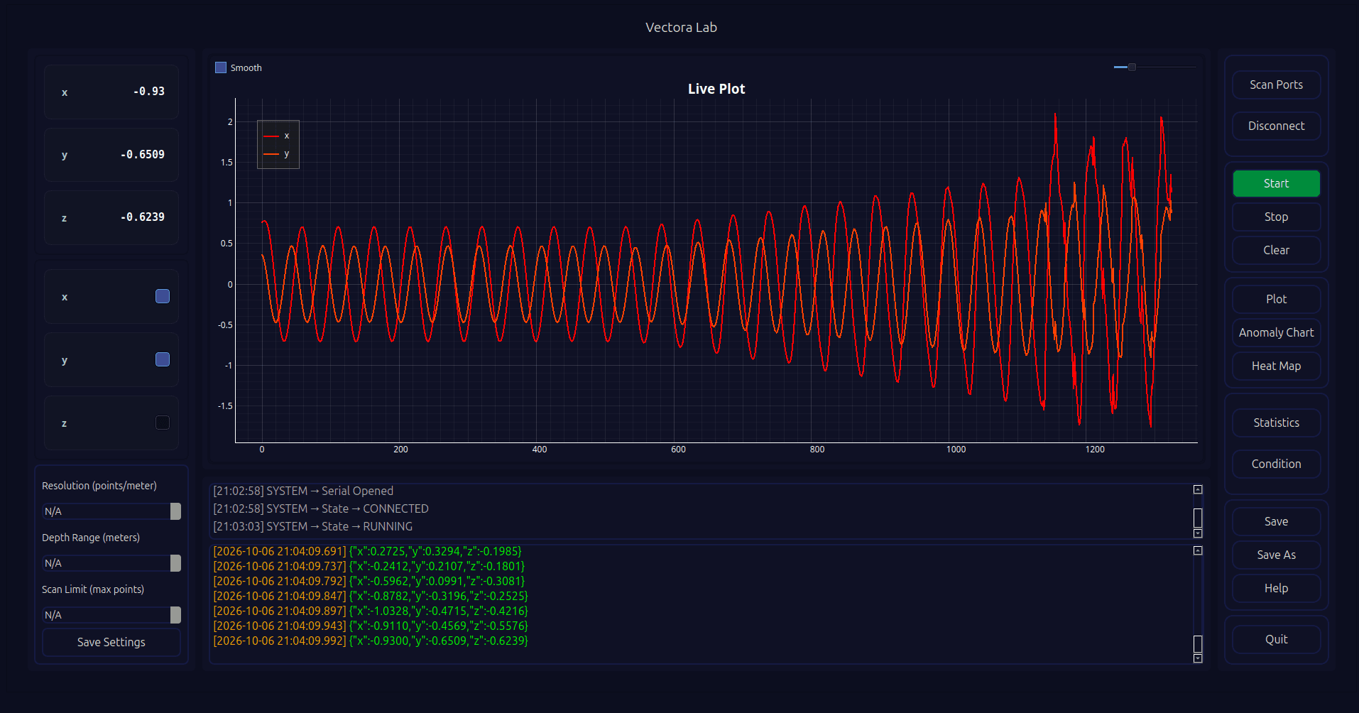 Live vibration monitoring in VectoraLab
